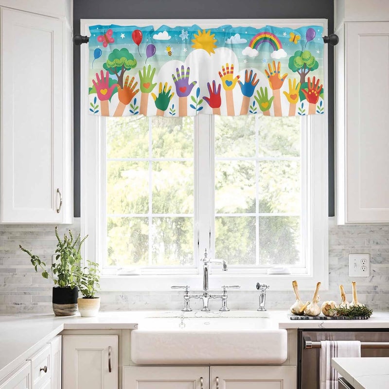 Homechoid Children's Day Curtain Valance for Windows/Living Room/Kitchen/Bathroom/Café, Kids Cartoon Handprint Bee Sun Rainbow Short Rod Pocket Tier Curtain Window Treatment Panel Topper Curtains 42''x12'' - Image 2